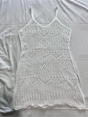 SHEIN White Crochet V-Neck Swim Cover-Up Dress
